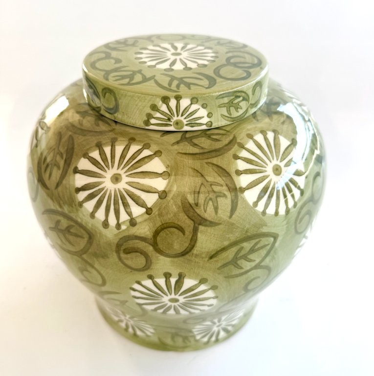 Medium Fat Olive Green Ceramic Jar With Lid